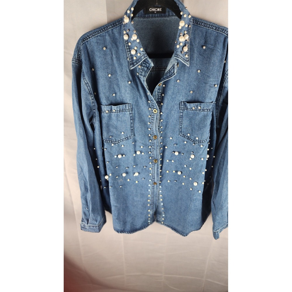ChicMe Womens XL Denim Shirt Faux Pearl Rhinestone Embellished Blue Jean Top